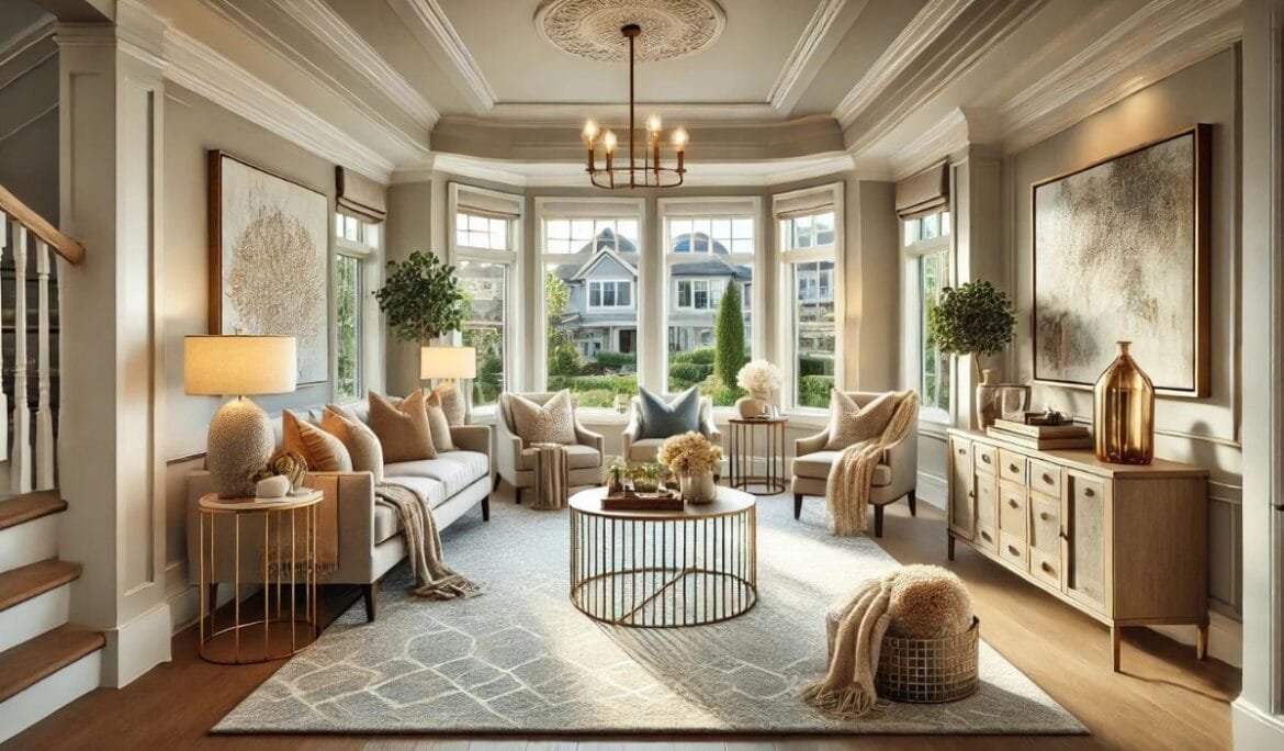 Beautifully staged living room by Studio Hatch with neutral tones, cozy seating, and elegant decor, designed to attract potential buyers in a real estate sale.
