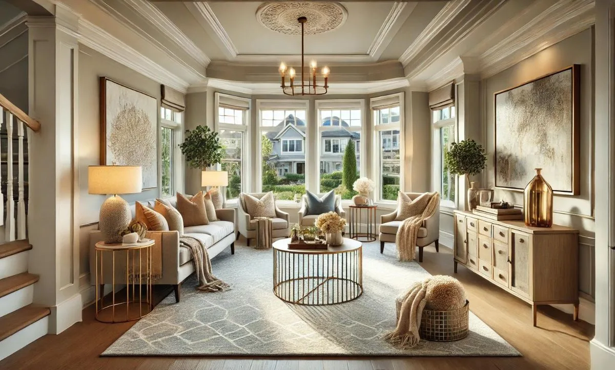 Beautifully staged living room by Studio Hatch with neutral tones, cozy seating, and elegant decor, designed to attract potential buyers in a real estate sale.