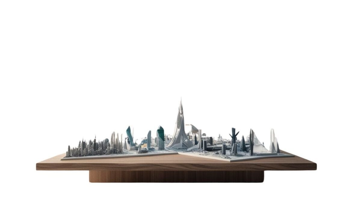 3D printed architectural scale model of a futuristic city designed by Studio Hatch, highlighting scale model creation and presentation models for architectural projects.