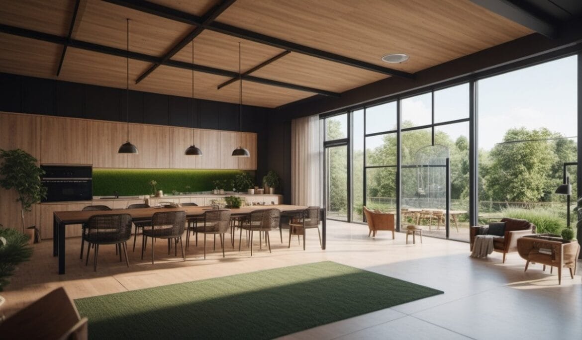 A modern, eco-friendly kitchen and living area featuring sustainable materials, energy-efficient design, and large windows for natural lighting, by Studio Hatch.