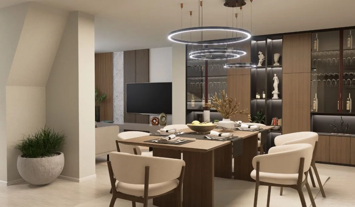 Modern dining room at Apartments Breka, designed by Studio Hatch