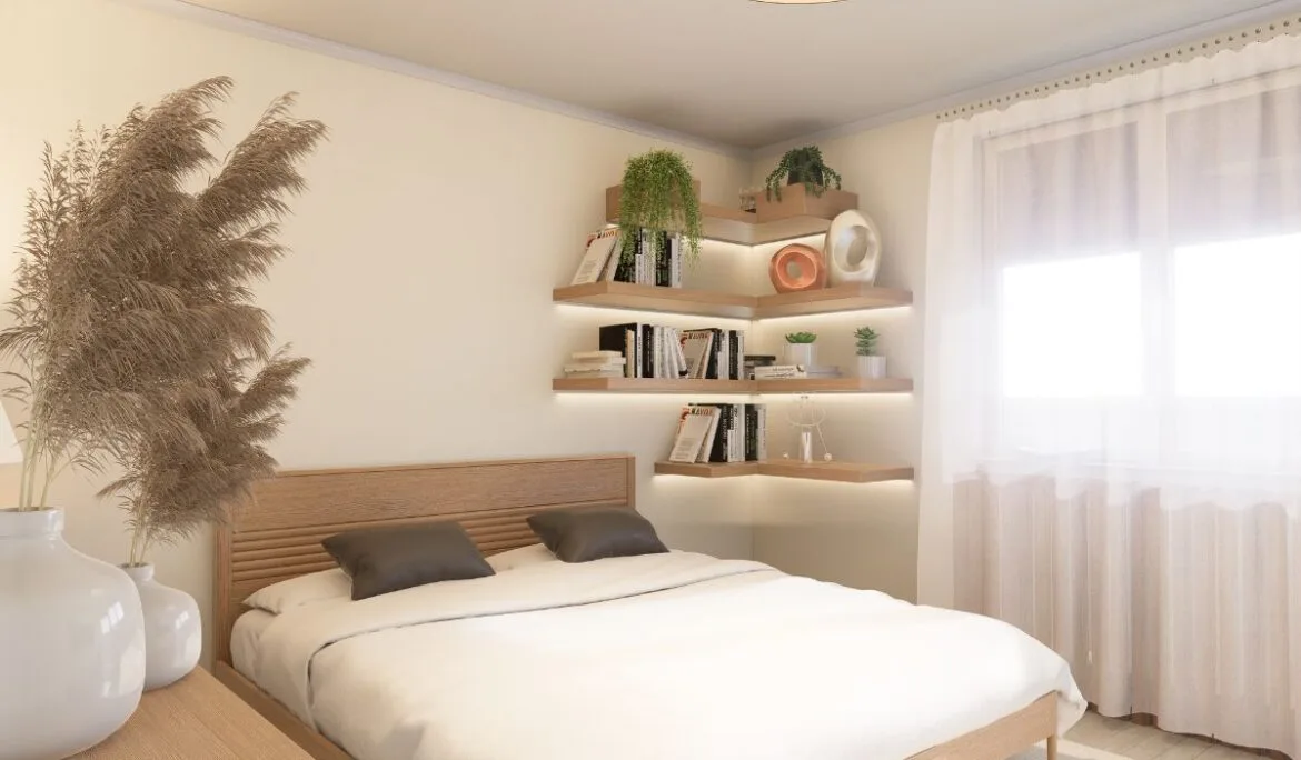 Modern bedroom redesign by Studio Hatch for Apartment Malta, Sarajevo, featuring minimalist decor, custom shelving, and natural lighting for a serene atmosphere.