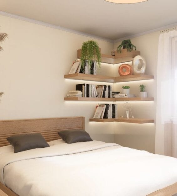 Modern bedroom redesign by Studio Hatch for Apartment Malta, Sarajevo, featuring minimalist decor, custom shelving, and natural lighting for a serene atmosphere.