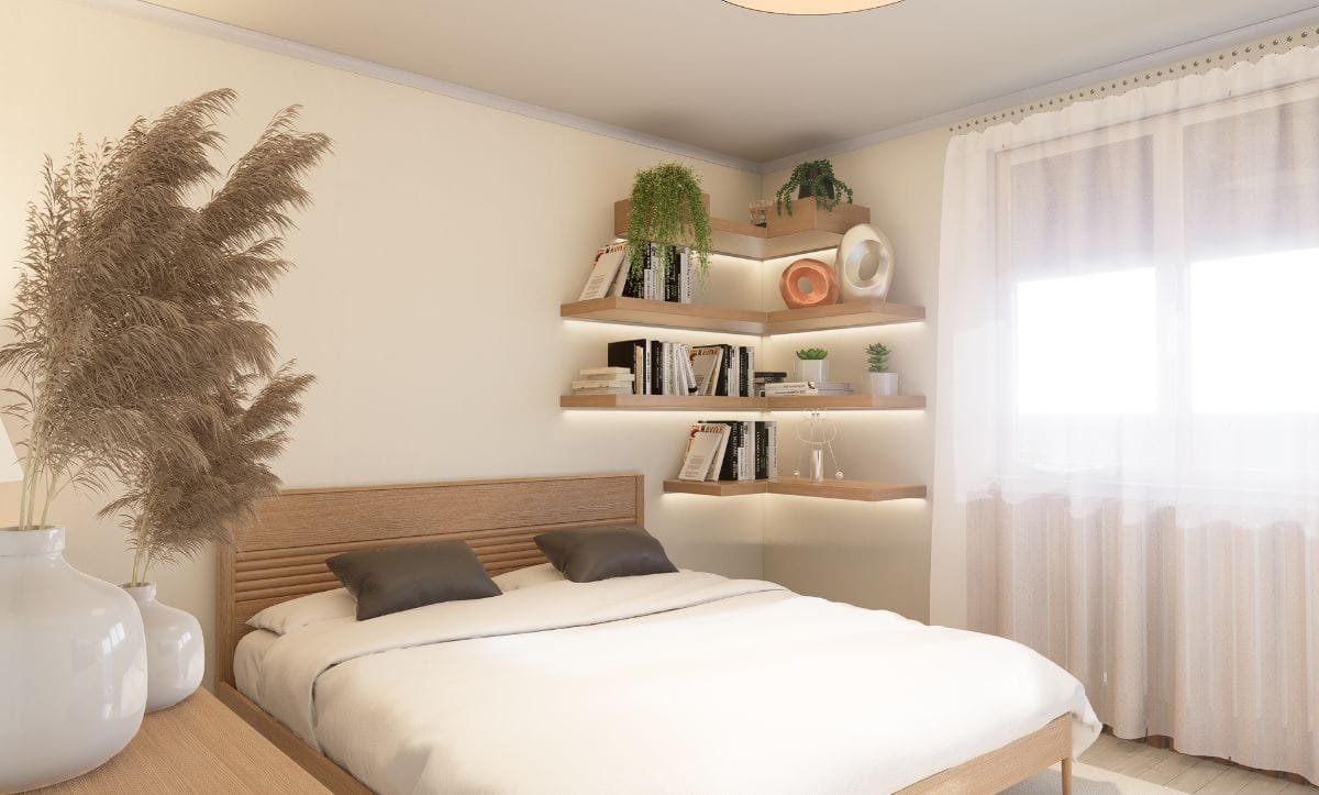 Modern bedroom redesign by Studio Hatch for Apartment Malta, Sarajevo, featuring minimalist decor, custom shelving, and natural lighting for a serene atmosphere.