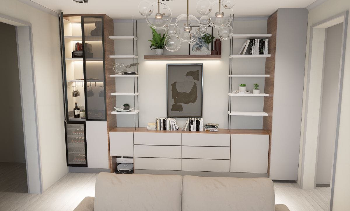 Modern living room redesign by Studio Hatch for Apartment Malta, Sarajevo, featuring custom cabinetry, minimalist shelving, and contemporary lighting.