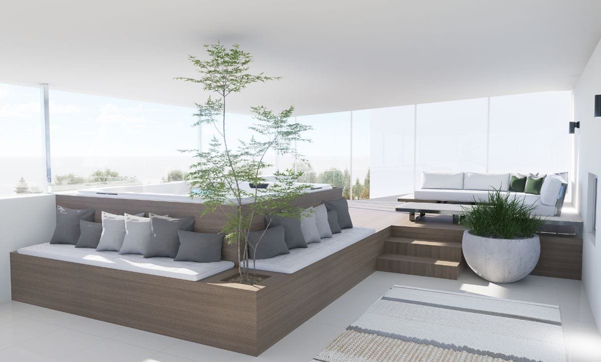 Modern outdoor seating area with a tree designed by Studio Hatch